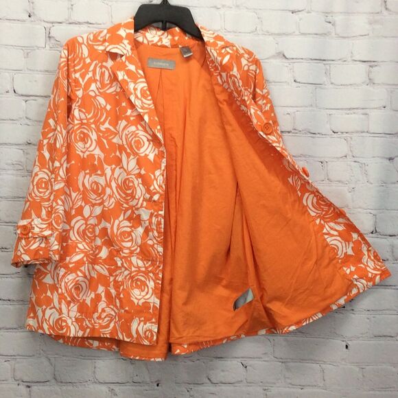 Liz Claiborne Jacket Women's Size M Orange/White Rose Swirl Print Button Pockets - Picture 3 of 12